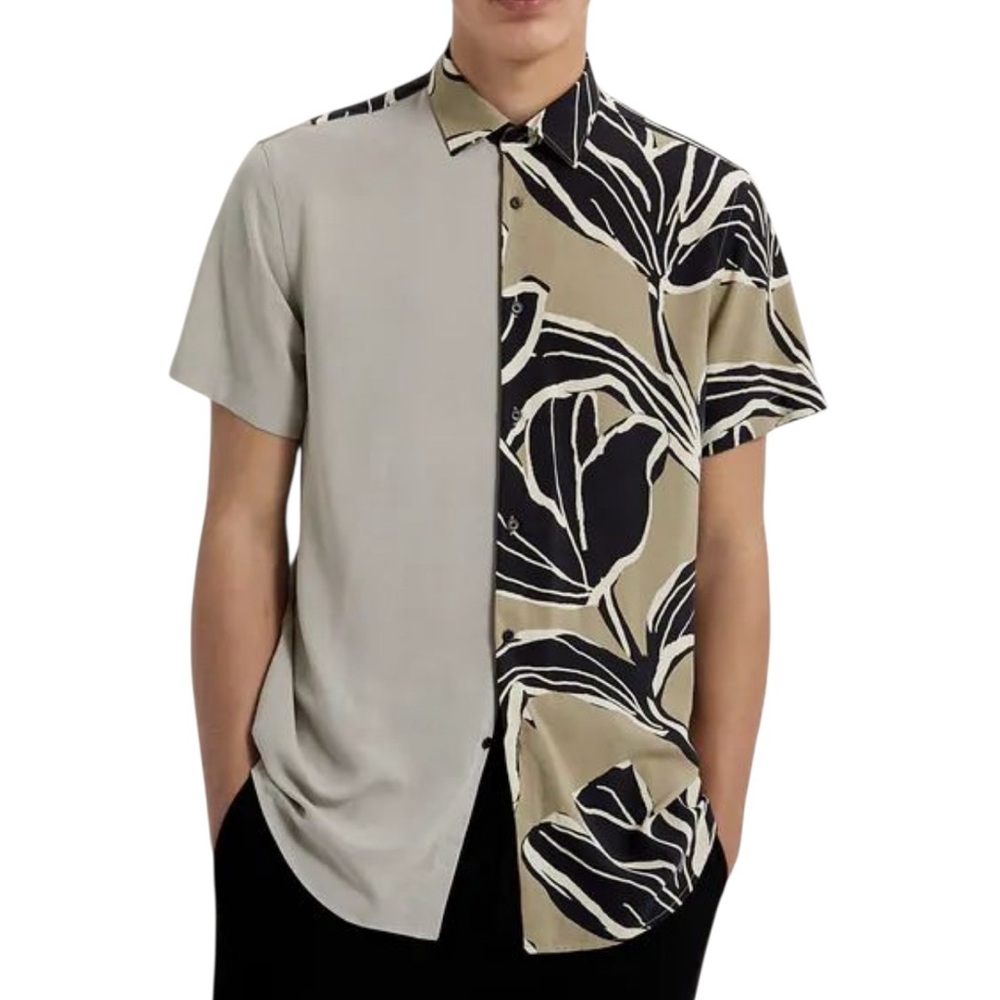 Zara Mens Print Button Down Shirt Black Beige Modern Small